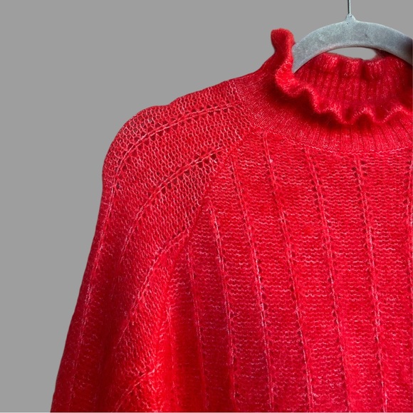SEZANE Bright Red Mohair Merino Wool Knit Ruffle High Neck Sweater Loris Jumper - Picture 7 of 15